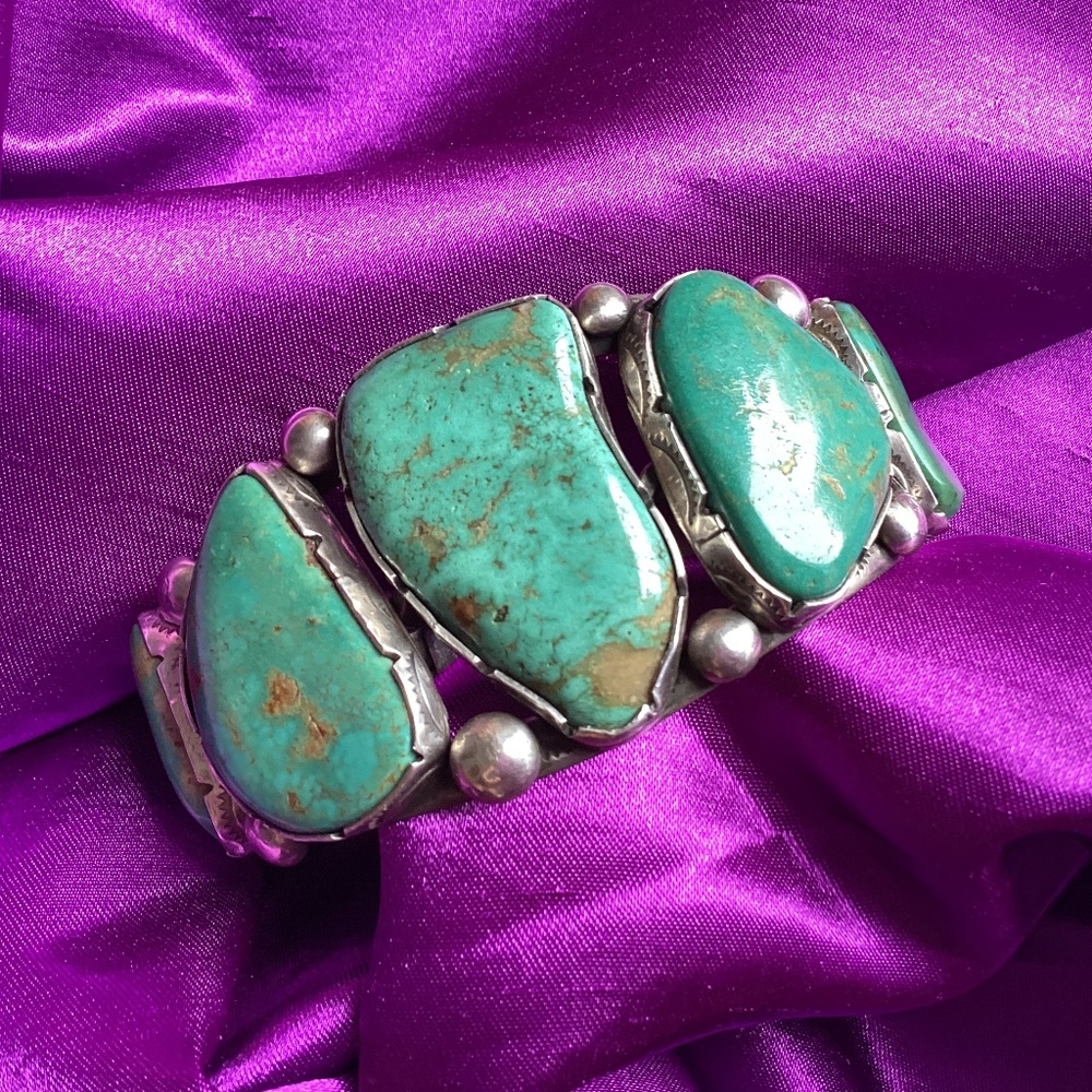 Vintage Navajo Cripple Creek Turquoise Slabs Rope Cuff